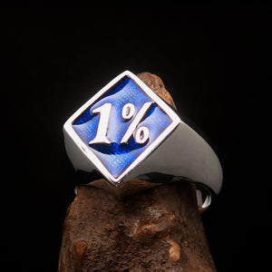 Men's Sterling Silver Biker Ring Diamond shaped 1% Percent Outlaw Symbol Blue - BikeRing4u
