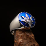 Men's Ring Cannabis Leaf Marihuana Medical Weed Symbol Blue - Sterling Silver - BikeRing4u