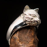 Excellent crafted happy sleeping Cat Ring - shiny Sterling Silver - BikeRing4u