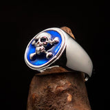 Nicely crafted Men's Pirate Ring Jolly Roger crossed Bones Skull Blue - Sterling Silver - BikeRing4u