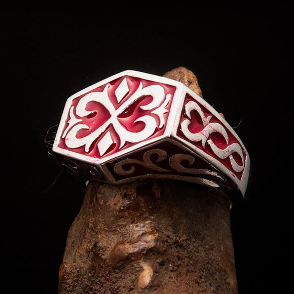 Excellent crafted Men's Medieval Ring red Oriental Crest Sterling Silver 925 - BikeRing4u