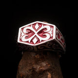 Excellent crafted Men's Medieval Ring red Oriental Crest Sterling Silver 925 - BikeRing4u