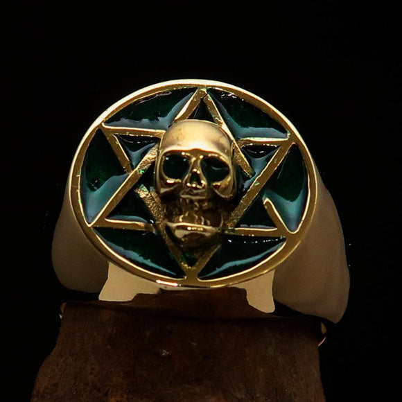 Excellent crafted Men's Biker Ring green Hebrew Skull - Solid Brass - BikeRing4u