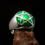 Excellent crafted Men's Pinky Ring domed Green Pentagram - Sterling Silver - BikeRing4u