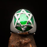 Excellent crafted Men's Hebrew Ring oval green Star of David - Sterling Silver - BikeRing4u