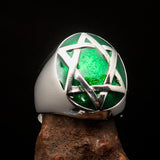 Excellent crafted Men's Hebrew Ring oval green Star of David - Sterling Silver - BikeRing4u