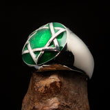 Nicely crafted Men's Hebrew Ring Green Star of David - Sterling Silver - BikeRing4u