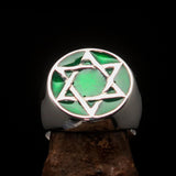 Excellent crafted Men's Pinky Ring Green Star of David - Sterling Silver - BikeRing4u