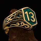Excellent crafted Men's Biker Ring Green Number 13 - Solid Brass - BikeRing4u