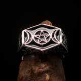 Men's Sterling Silver Ring Black Crescent Moon Pentagram Star - BikeRing4u