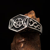 Men's Sterling Silver Ring Black Crescent Moon Pentagram Star - BikeRing4u