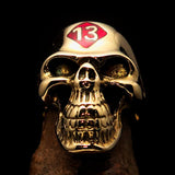 Excellent crafted Men's Biker Skull Ring Red Diamond Lucky 13 - Solid Brass - BikeRing4u