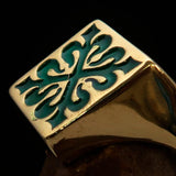 Excellent crafted Men's green Fleur de Lis Cross Ring - solid Brass - BikeRing4u