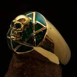 Excellent crafted domed Men's green Hexagram Skull Ring - solid Brass - BikeRing4u