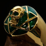 Excellent crafted domed Men's green Hexagram Skull Ring - solid Brass - BikeRing4u