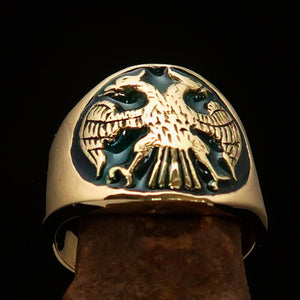 Excellent crafted ancient Men's green Twin Head Eagle Ring - Solid Brass - BikeRing4u