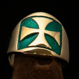 Excellent crafted Men's green Iron Cross Biker Ring - Solid Brass - BikeRing4u