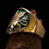 Excellent crafted Men's winged green Lion Griffin Ring - Solid Brass - BikeRing4u