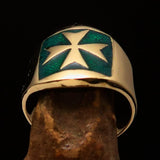 Excellent crafted Men's green Maltese Cross Biker Ring - solid Brass - BikeRing4u