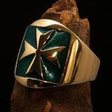 Excellent crafted Men's green Maltese Cross Biker Ring - solid Brass - BikeRing4u