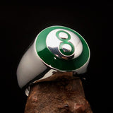 Nicely crafted domed Men's Number Ring green 8 Eight- Sterling Silver - BikeRing4u
