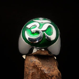 Nicely crafted domed Men's Buddhist Ring green Aum Symbol - Sterling Silver - BikeRing4u