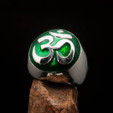 Nicely crafted domed Men's Buddhist Ring green Aum Symbol - Sterling Silver - BikeRing4u