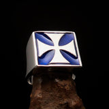 Perfectly crafted Men's Biker Ring Iron Cross Blue - Sterling Silver - BikeRing4u