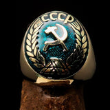 Perfectly crafted Men's Communist Ring Hammer Sickle Crest CCCP Blue - Solid Brass - BikeRing4u