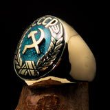 Perfectly crafted Men's Communist Ring Hammer Sickle Crest CCCP Blue - Solid Brass - BikeRing4u