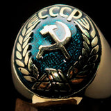 Perfectly crafted Men's Communist Ring Hammer Sickle Crest CCCP Blue - Solid Brass - BikeRing4u