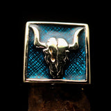 Perfectly crafted Men's Cowboy Ring Bull Skull Blue - Solid Brass - BikeRing4u
