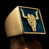 Perfectly crafted Men's Cowboy Ring Bull Skull Blue - Solid Brass - BikeRing4u