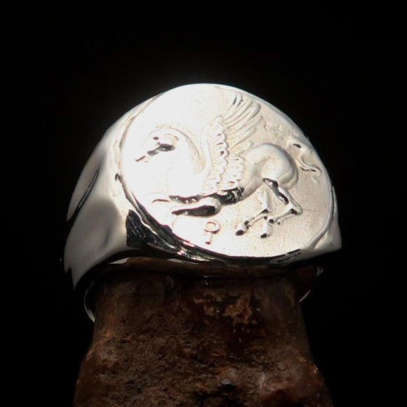 Men's Sterling Silver ancient Corinthian Pegasus Coin Ring Greek Goddess Athena - BikeRing4u