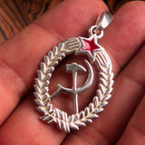 Red Star Sterling Silver Communist Crest Pendant Hammer and Sickle - BikeRing4u