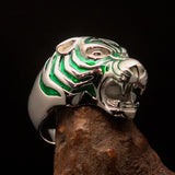 Excellent crafted Men's Animal Ring green Male Tiger - Sterling Silver - BikeRing4u
