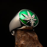 Men's Ring Cannabis Leaf Marihuana green Medical Weed Symbol - Sterling Silver - BikeRing4u