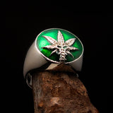 Men's Ring Cannabis Leaf Marihuana green Medical Weed Symbol - Sterling Silver - BikeRing4u