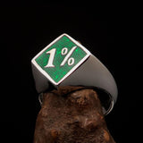 Men's Sterling Silver Biker Ring Diamond shaped green 1% Percent Outlaw Symbol - BikeRing4u