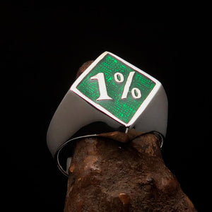 Men's Sterling Silver Biker Ring Diamond shaped green 1% Percent Outlaw Symbol - BikeRing4u