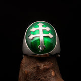 Excellent crafted oval domed Men's green Cross Lorraine Ring - Sterling Silver - BikeRing4u