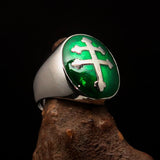 Excellent crafted oval domed Men's green Cross Lorraine Ring - Sterling Silver - BikeRing4u