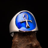 Excellent crafted Men's small blue Egyptian Ankh Cross Ring - Sterling Silver - BikeRing4u