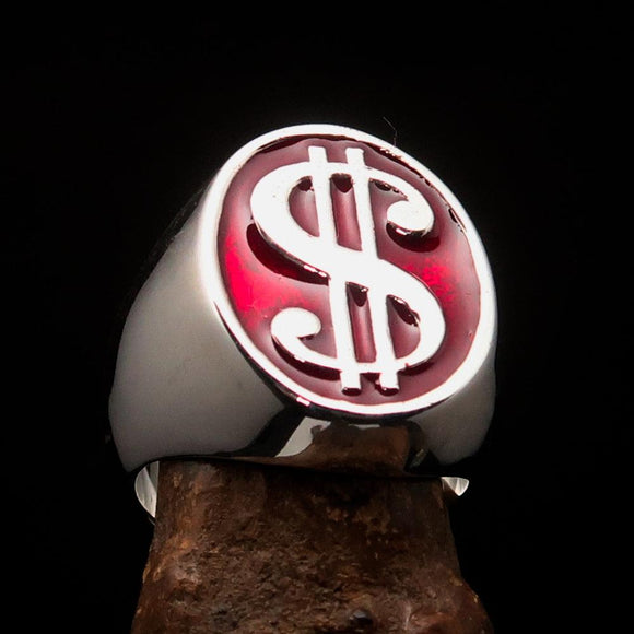 Excellent crafted Men's Currency Ring US Dollar Symbol Red - Sterling Silver - BikeRing4u