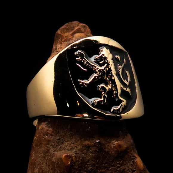 Excellent crafted ancient Men's black Rampant Lion Ring - Solid Brass - BikeRing4u