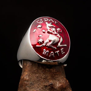 Excellent crafted Men's Aussie Ring red boxing Kangaroo - Sterling Silver - BikeRing4u