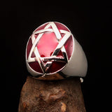 Excellent crafted Men's Hebrew Ring oval Red Star of David - Sterling Silver - BikeRing4u