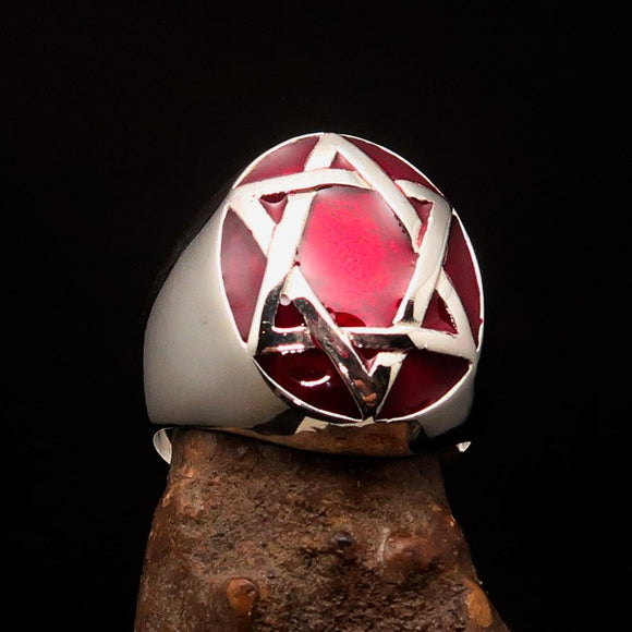 Excellent crafted Men's Hebrew Ring oval Red Star of David - Sterling Silver - BikeRing4u