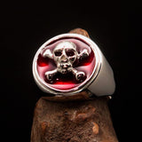 Nicely crafted Men's Pirate Ring red Jolly Roger crossed Bones Skull - Sterling Silver - BikeRing4u