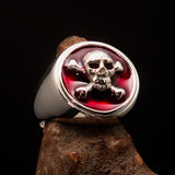 Nicely crafted Men's Pirate Ring red Jolly Roger crossed Bones Skull - Sterling Silver - BikeRing4u